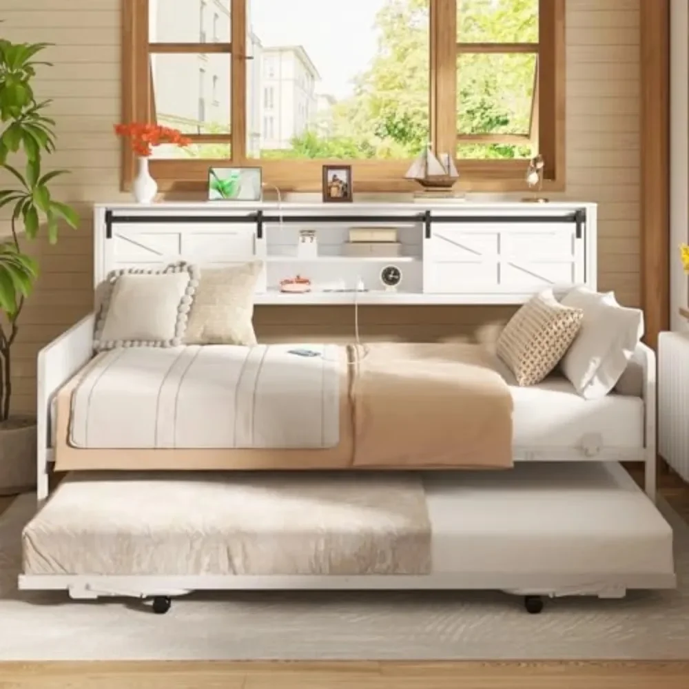 HOT Farmhouse Twin Daybed with Pop-Up Trundle, White | Metal Trundle Bed Frame with Bookcase Headboard, Twin to King