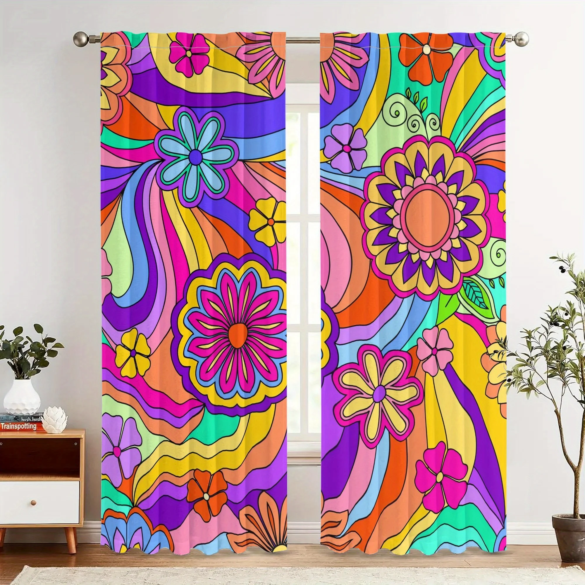 Highly Vibrant Floral Abstract Pattern Curtains 2pcs Pair Boho Psychedelic Window Drapes Home Decor Living Room Curtains