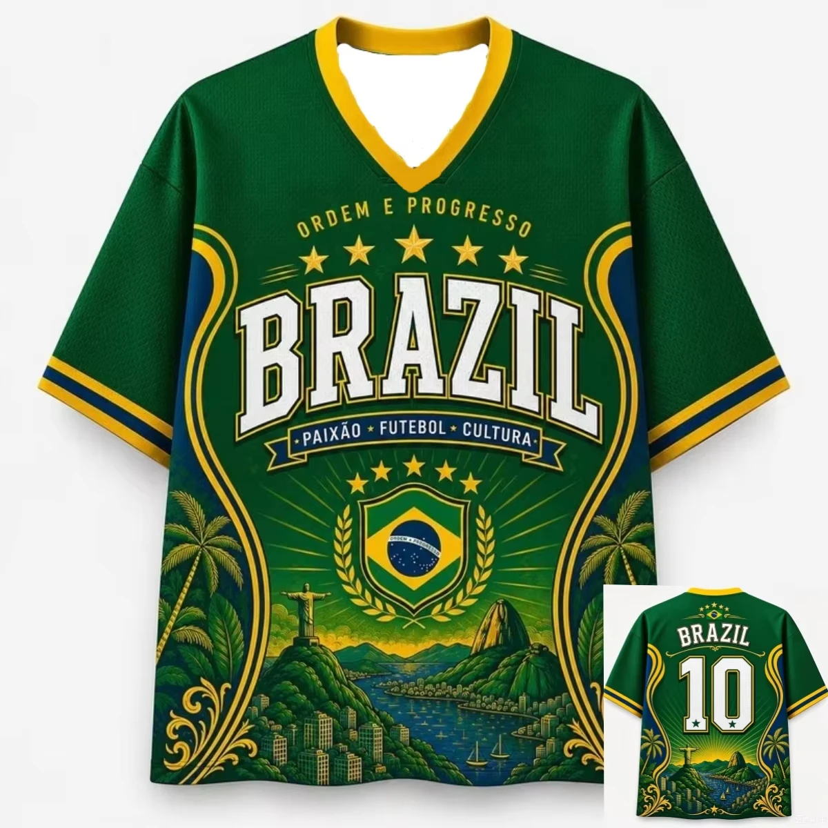 3D Brazil Fan No.10 Jersey Retro V-neck Oversized T-shirt Christ The Redeemer Brazilian Flag Football Streetwear Sports Tee