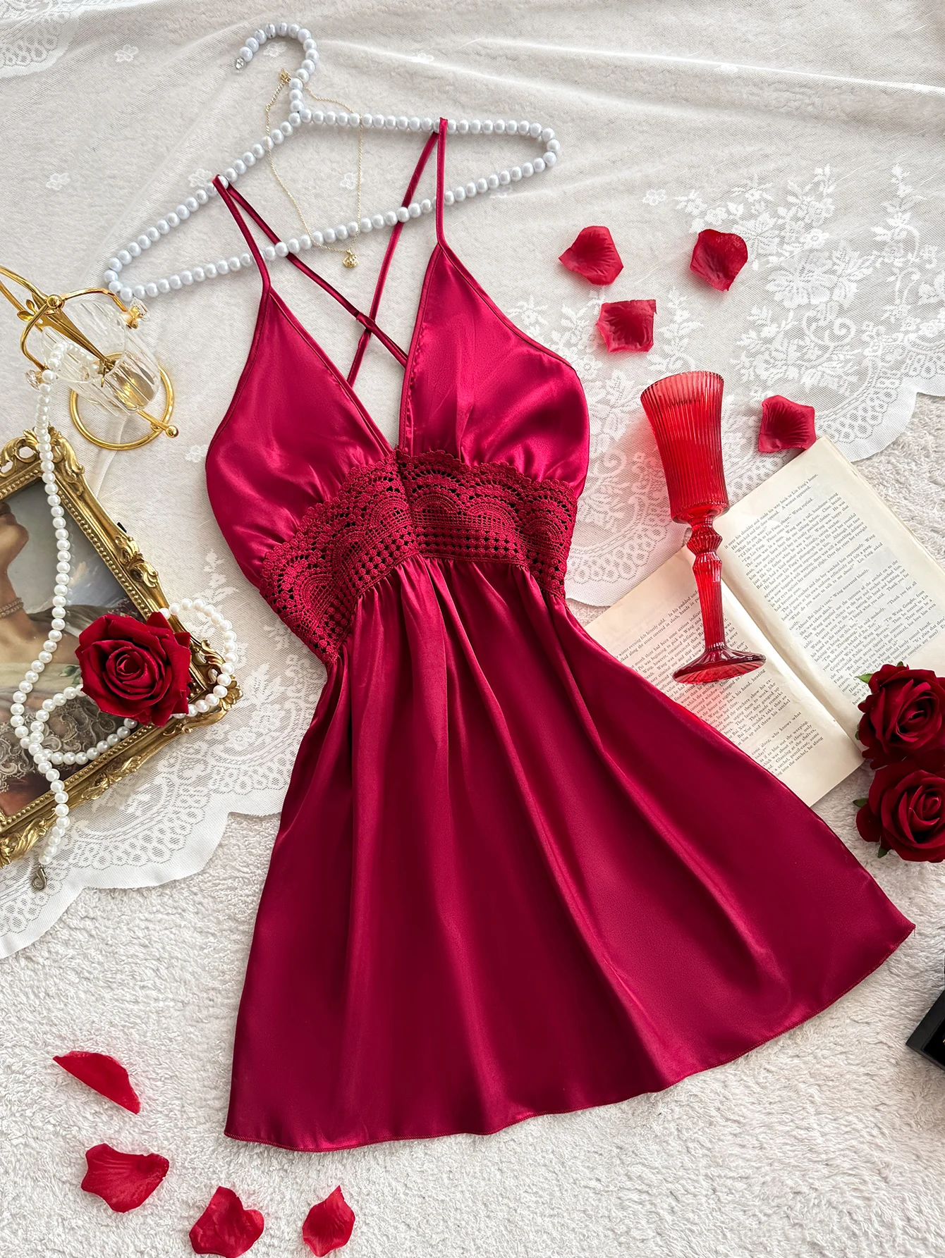 Sexy Criss Cross Back Nightdress Women V Neck Lace Trim Hollow Out Sleepwear Pajamas For Home Wear