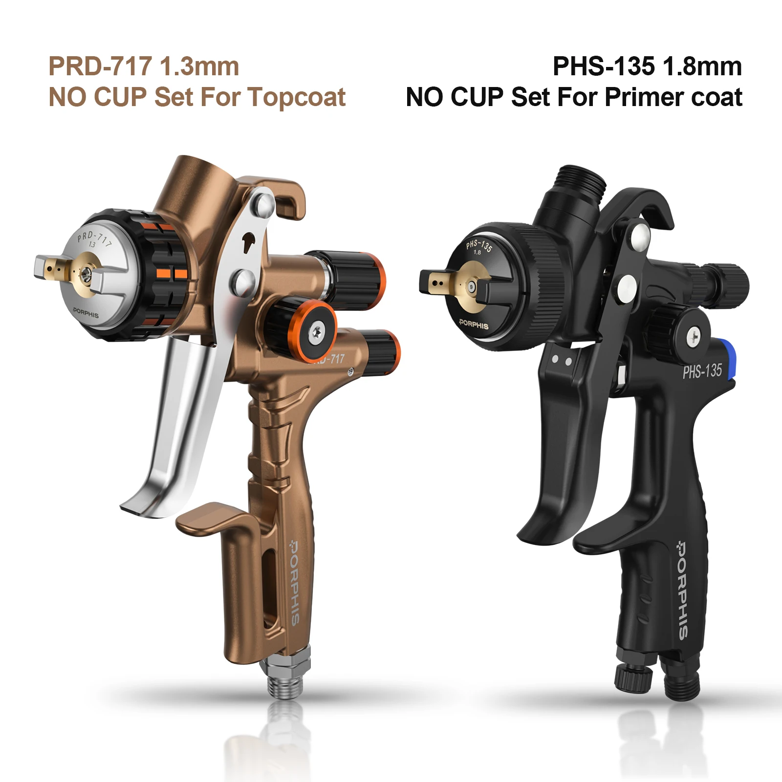 PORPHIS PHS-135 PRD-717 No Cup Dual Car Paint Gun Set Spray Gun for Painting Cars Clearcoat Base Primer Refinish Smooth Finish
