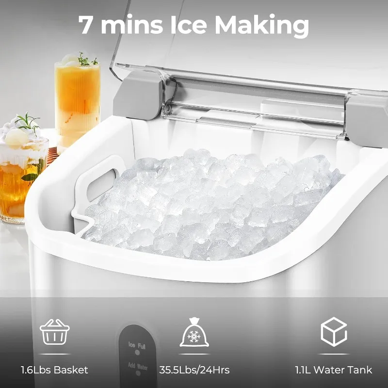 Nugget Ice Makers Countertop with Soft Chewable Pellet Ice, 7 Mins Ice Making, 35.5Lbs/24Hrs, Pebble Ice Maker Machine