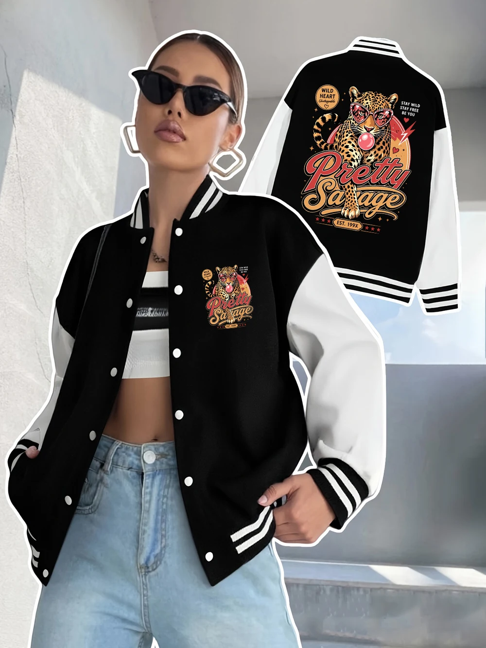 Pretty Savage Leopard Printing Coats Womens Winter Fleece Warm Baseball Jersey Casual Pocket Jackets Street Loose Woman Clothes