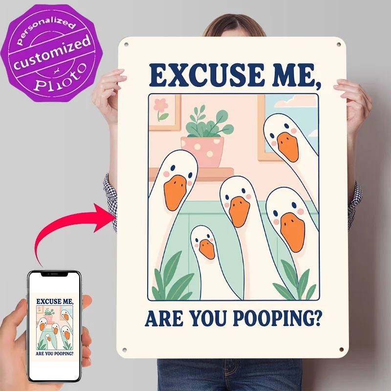 Excuse Me Are You Pooping? Funny Duck 3D Printed Texture Poster Personalized Wall Art Retro Metal Tin Signs for Home Decor House