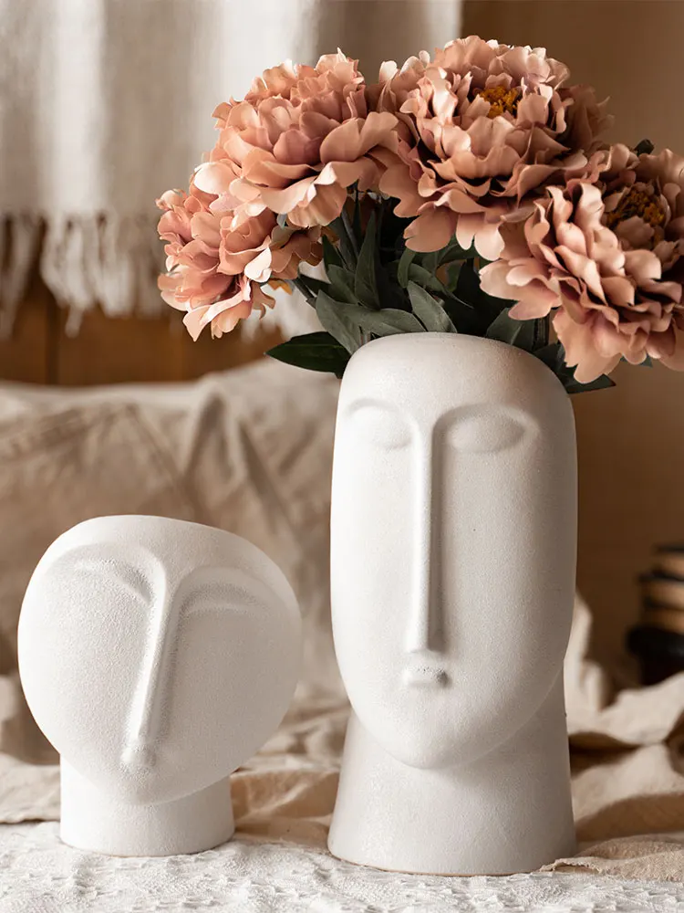 European Style White Ceramic Countertop Vase Abstract Human Face Flower Arrangement Plant Pot Home Decoration