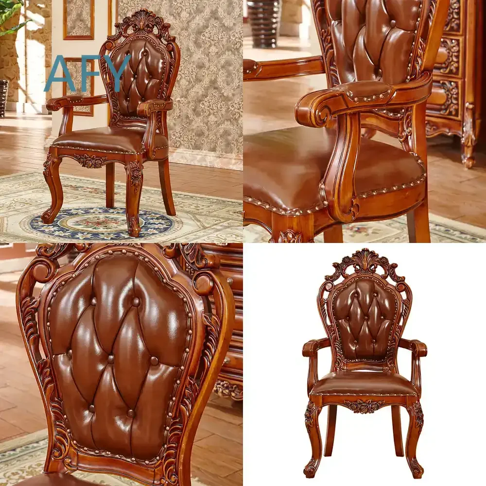 European Style Full Solid Wood Genuine Leather Tufted Armchair Dining Side Chair Luxury Fully Assembled Chair for Home Office