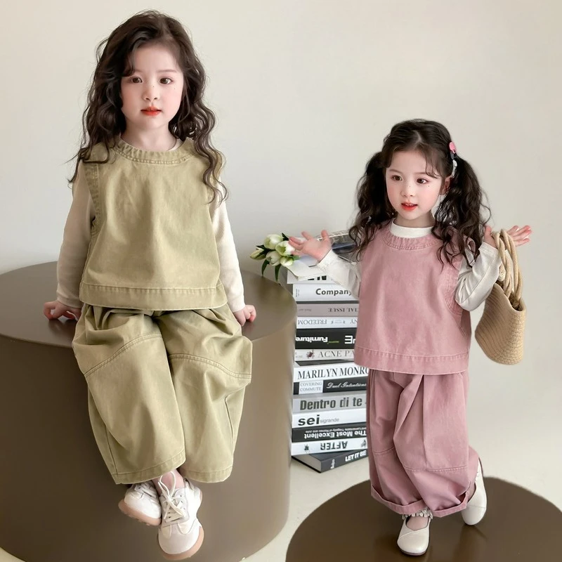 Children Spring Autumn Casual Clothing Set Girls Workwear Vest + Casual Wide-Leg Pants + Base Layer Three-Piece Set