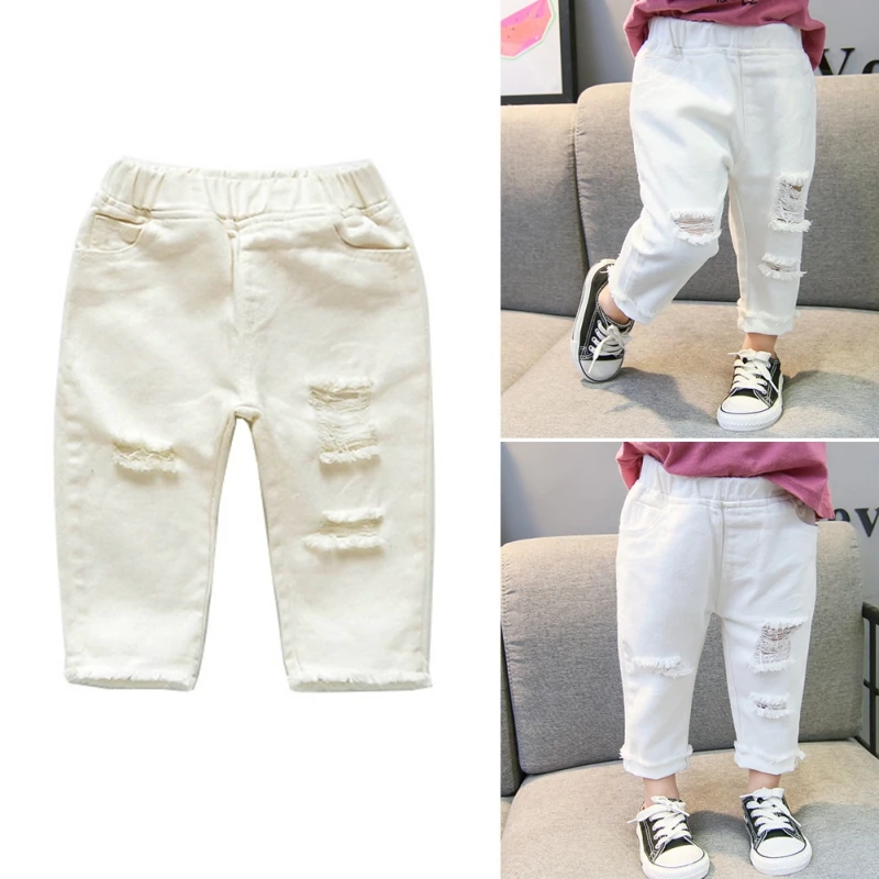 Girls White Ripped Jeans Children Summer Denim Pants Baby Denim Casual Pants 1-6 Years Old