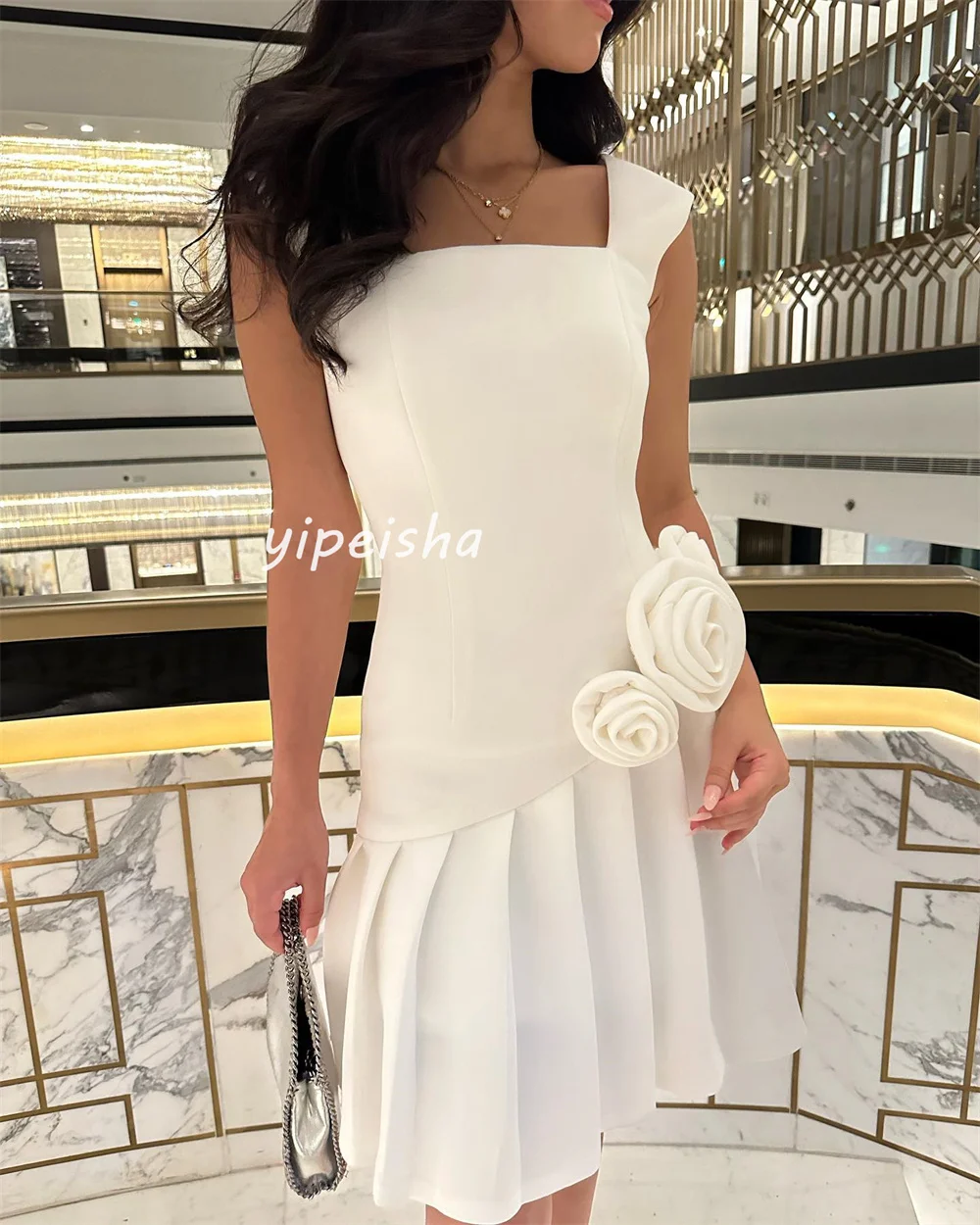 Customized Matching Simple Jersey Handmade Flower Pleat Draped A-line Square Neck Mini Dresses Cocktail Dresses Sizes Available