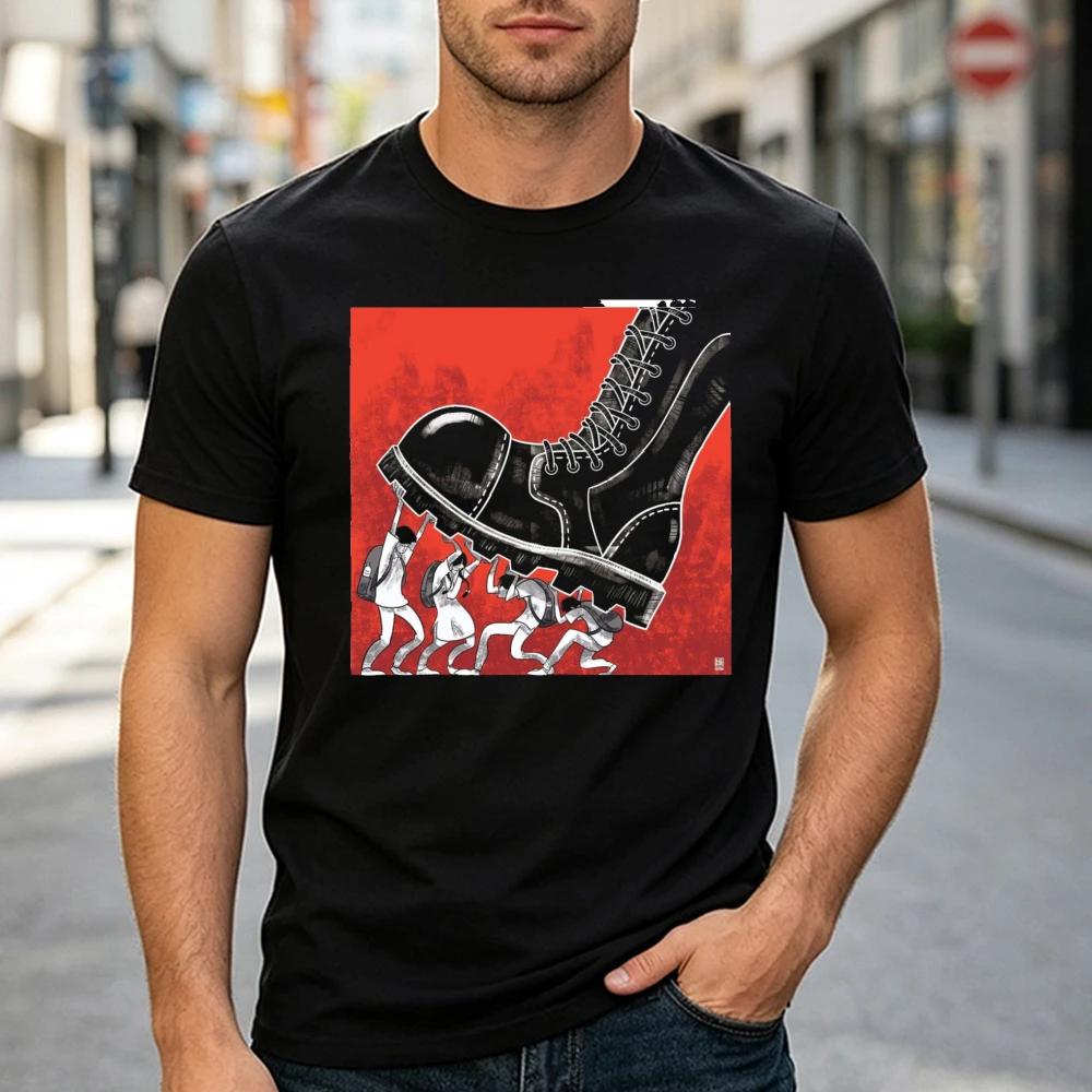 Tiny Men Lifting Giant Combat Boot T Shirt Men Conceptual Surreal Art Print Tee Black Urban Trendy Top Casual Holiday