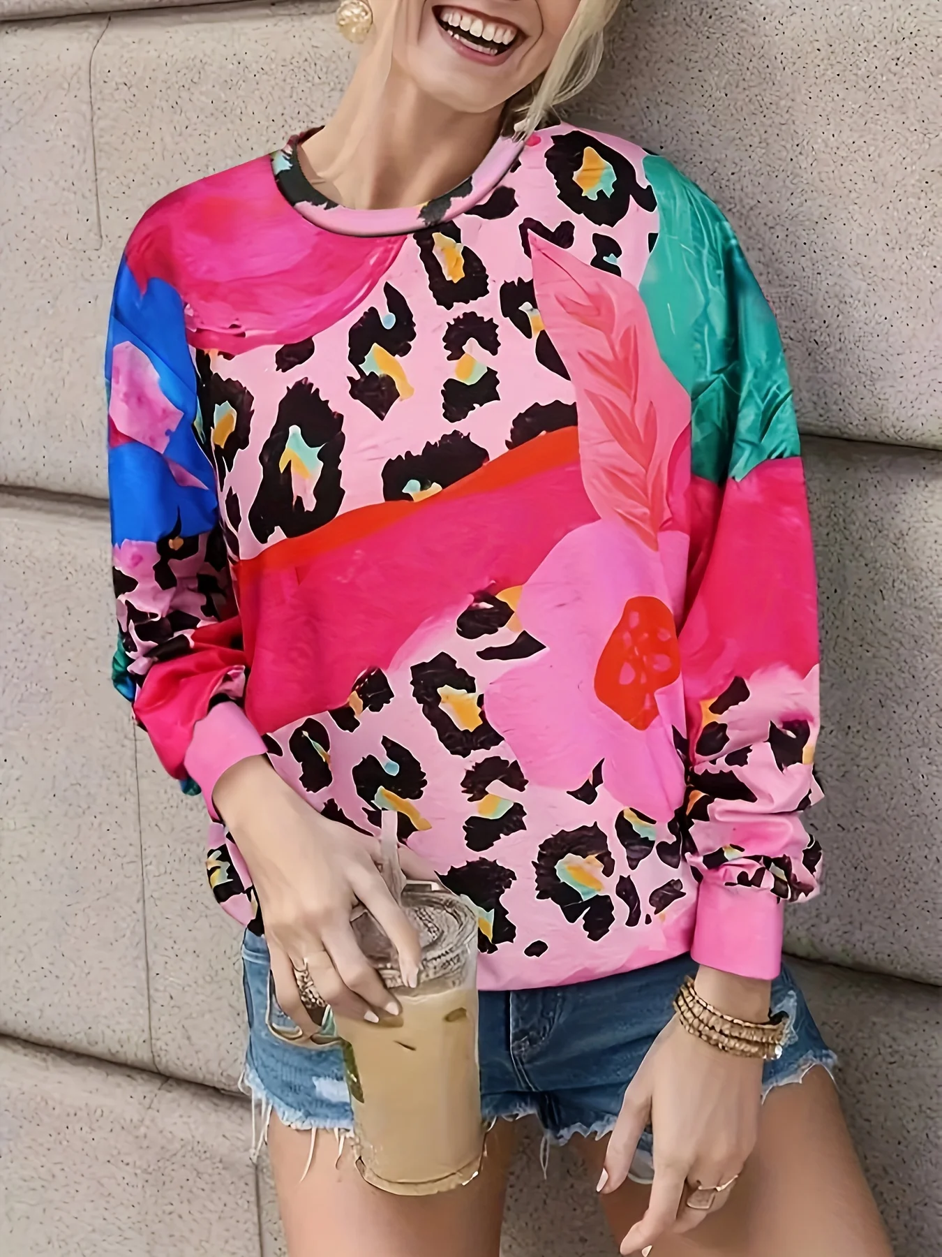 

Plus Size Casual Sweatshirt, Women's Plus Colorblock Leopard & Floral Print Long Sleeve Round Neck Sweatshirt