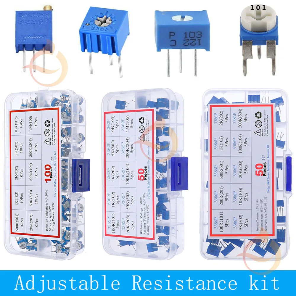 Kit de potentiomètre de tondeuse mixte, boîte de résistance variable, 100ohm, 200ohm, 500ohm, 1K, 2K, 5K, 10K, 20K, 50K, 100K, 200K, 500K, 1M