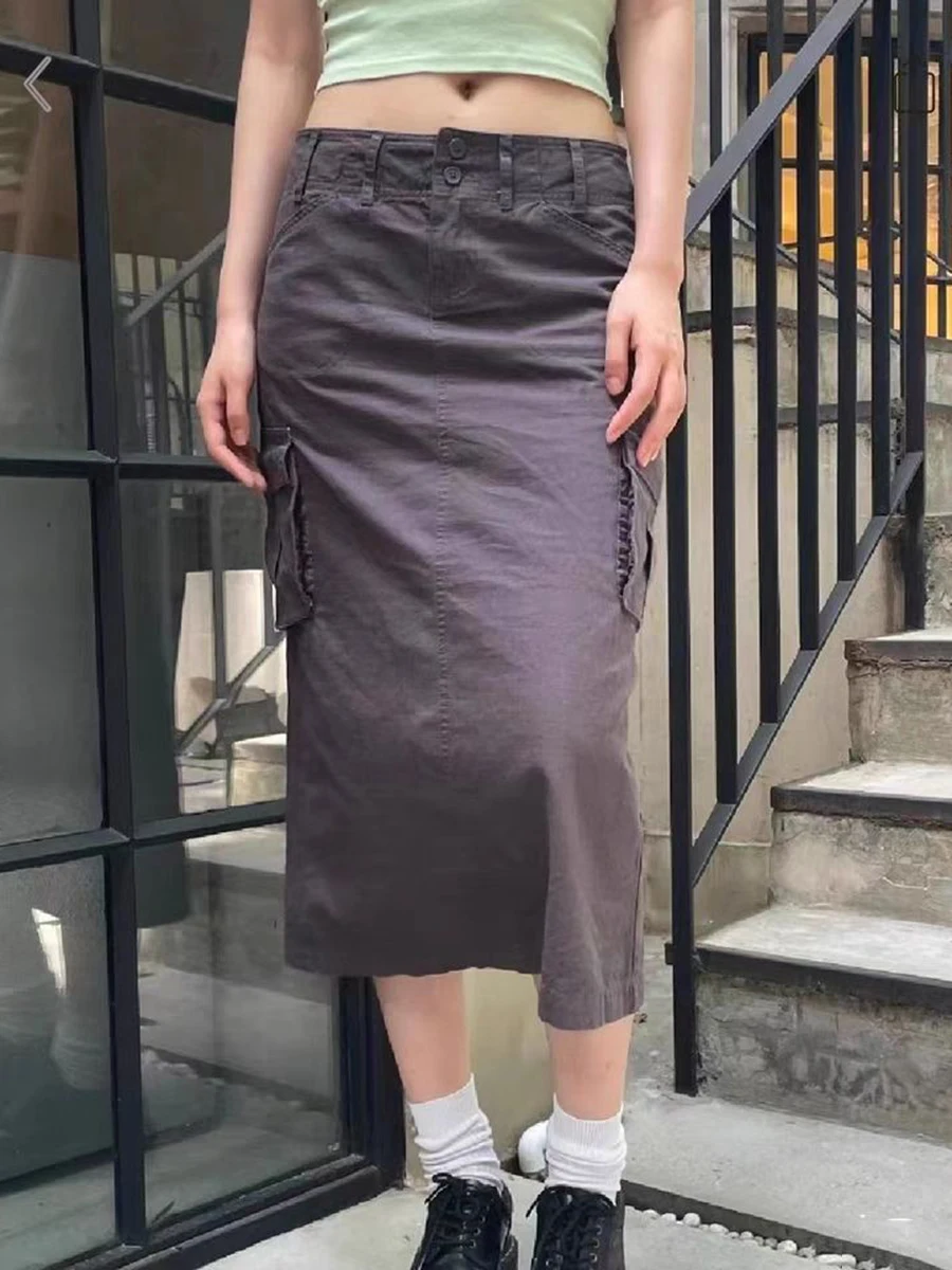 Vintage Baggy Cargo Skirts Women Streetwear Casual Low Waist Pockets Cotton Split Long Skirt Casual Chic Y2k Midi Faldas 2023