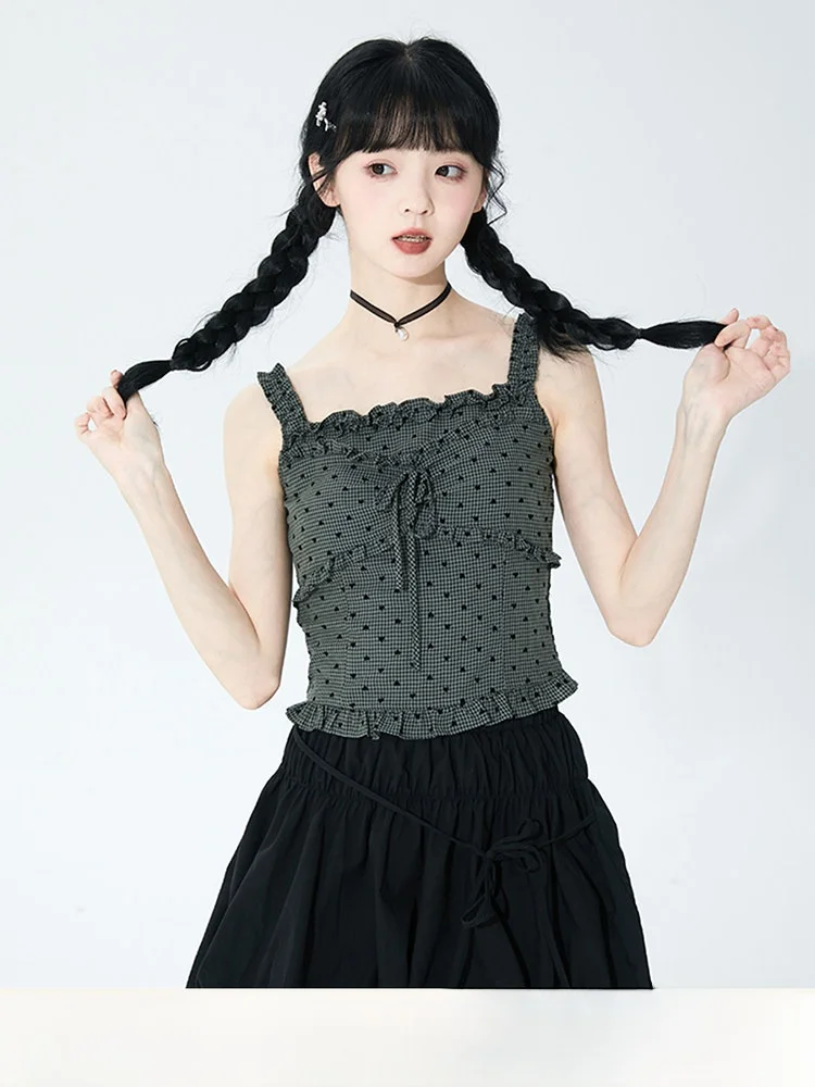 

Женский летний тонкий топ с клетчатыми бретелями и кружевной отделкой, свободного кроя, из полиэстера, в стиле ретро