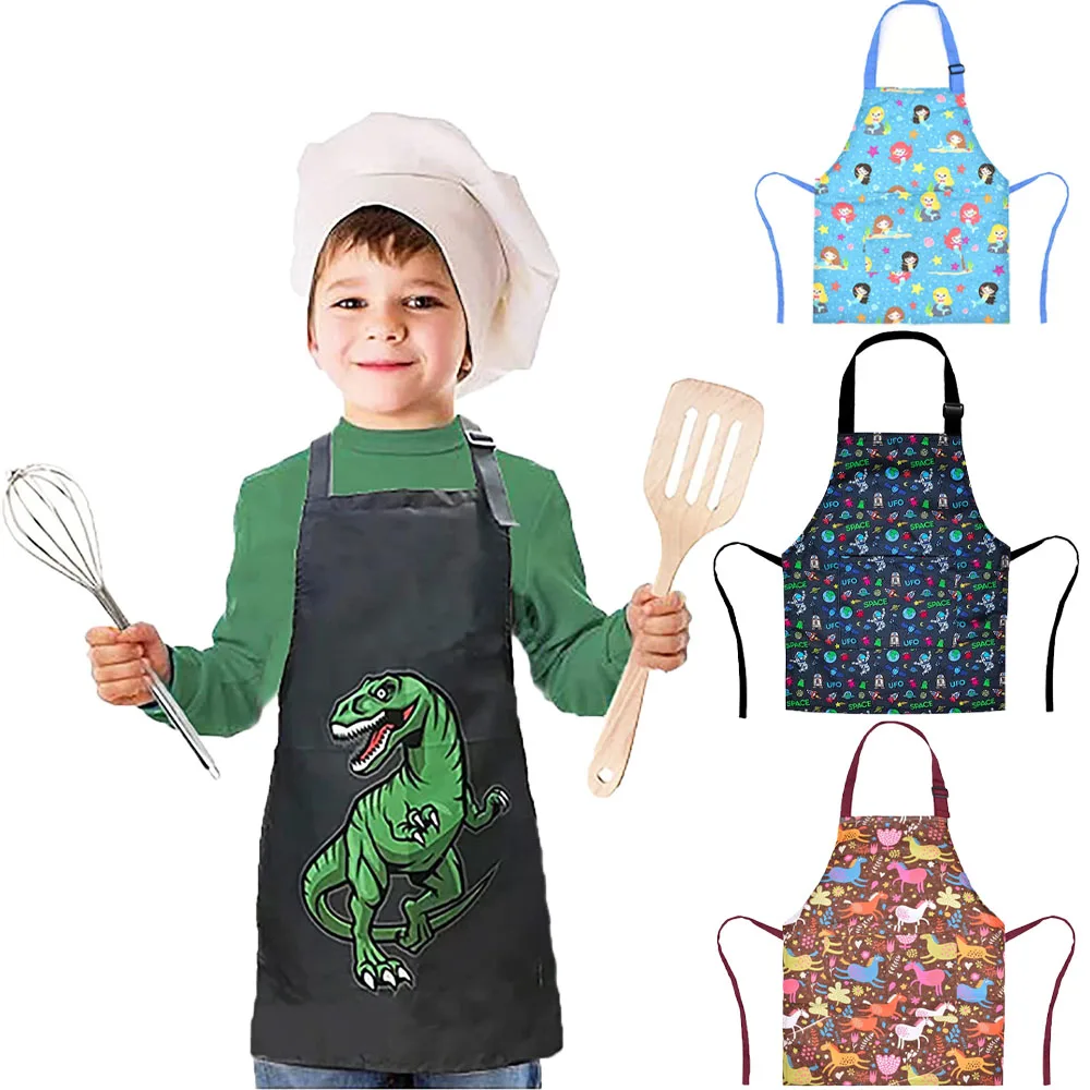 

Kids Boys Dinosaur Apron with Pockets, Girls Aprons for Cooking Painting,children's party Kitchen Chef Apron for Children 3-12