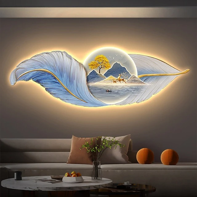 

Sofa background decorative painting modern light luxury creative simple elk feather mural crystal porcelain painting laser