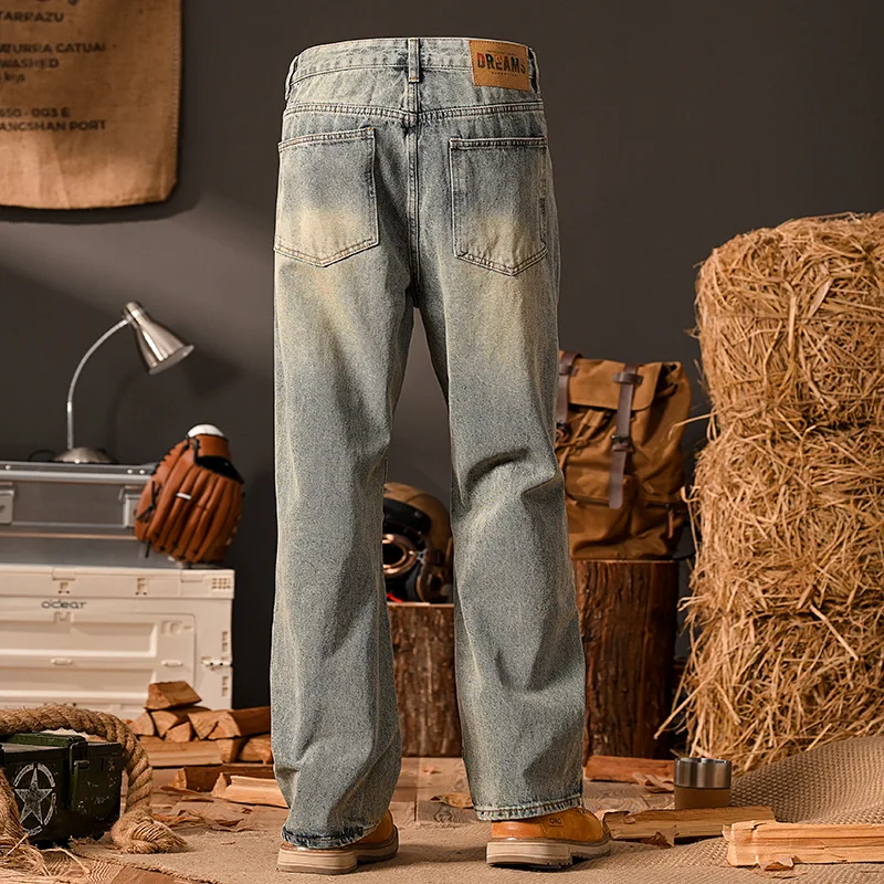 High street retro distressed loose straight leg jeans for men, street fashion casual washed Korean version fashionable pants