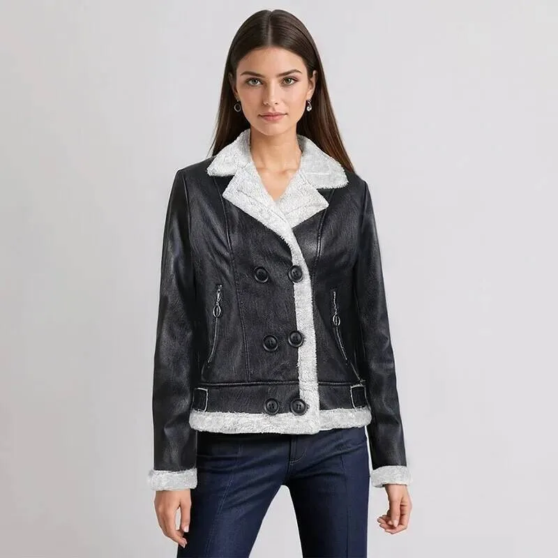 الخريف الشتاء المرأة سميكة الدافئة جاكيت من الصوف موضة مزدوجة الصدر بولي Leather الجلود أبلى كم طويل أفخم التلبيب معطف قصير #5