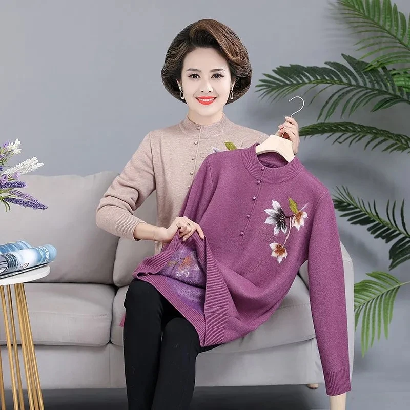 Autumn Winter Velvet Sweater Women Pullover New Embroidered Half High Neck Long Sleeve Knitted Sweater Middle aged Female Tops