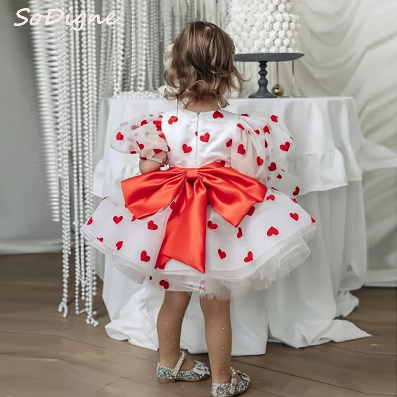 

SoDigne A-line Tulle Mini Arab Flower Girl Dress O-neck Short Sleeves Princess Kid Birthday Party Gown with Bow Customized