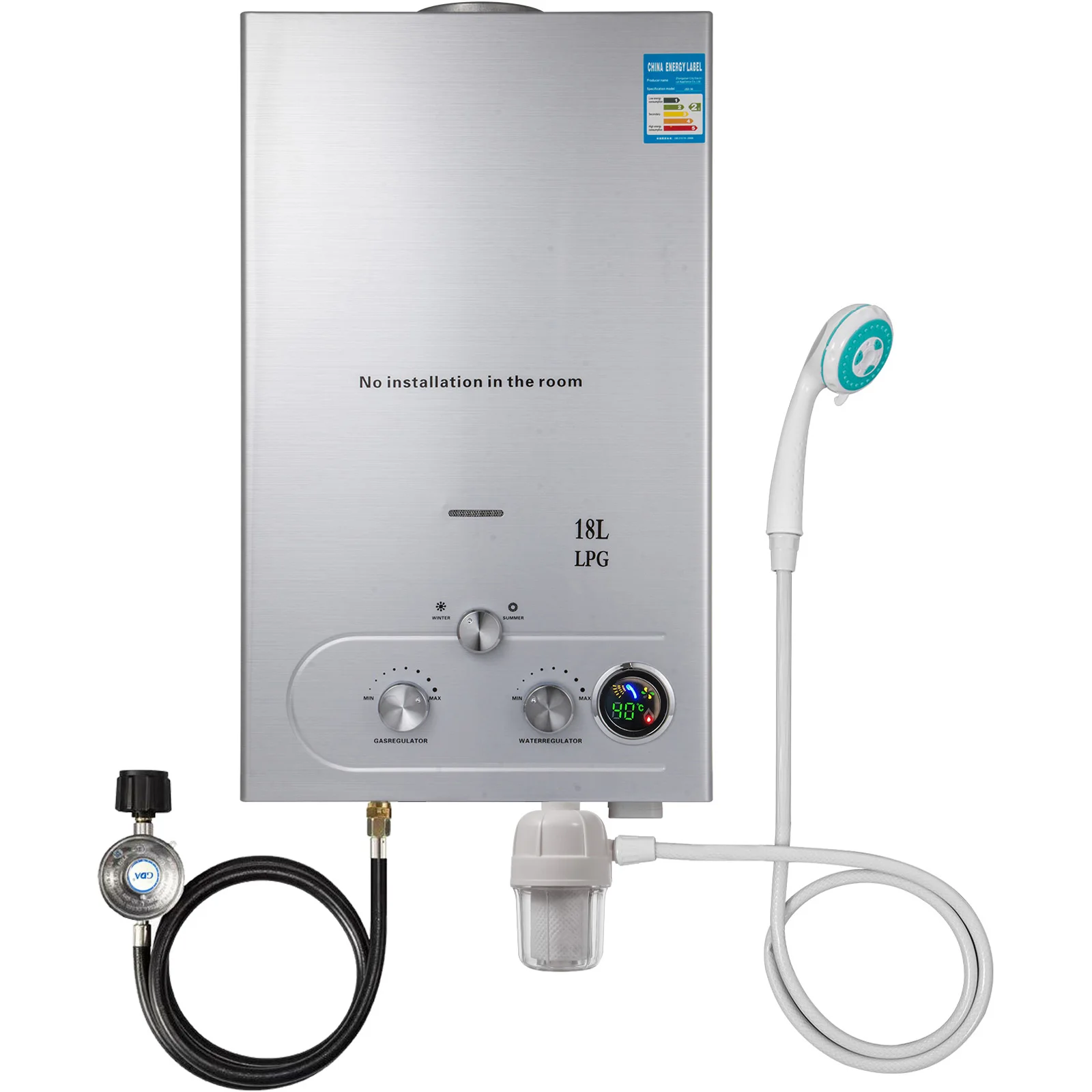 18L 36KW Tankless Water Heater Gas Water Heater with Shower Head Kit