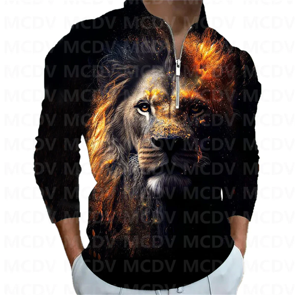 

2023 New Men's Long Sleeve Zipper Polo Shirt Lion 3D Printed Polo Long Sleeve T Shirt Casual Tops