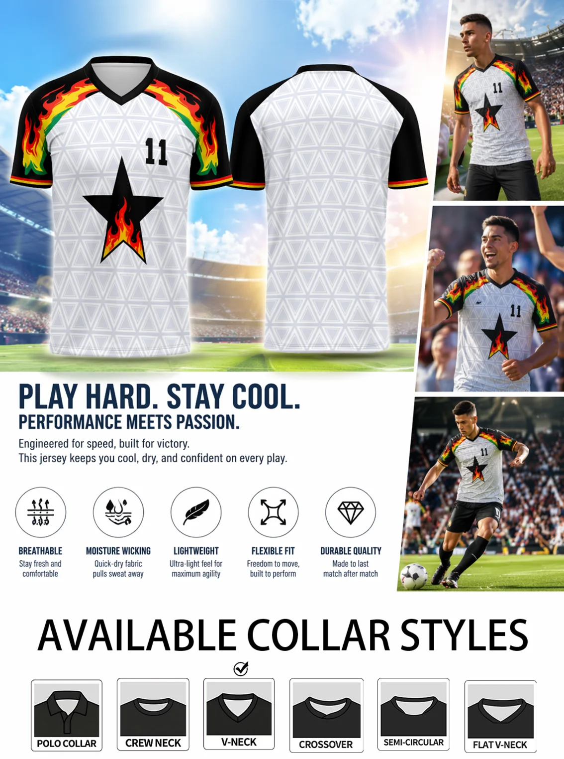 camisa-de-futebol-flame-star-no11-com-gola-v-textura-triangular-branca-mangas-raglan-pretas-tecido-de-secagem-rapida
