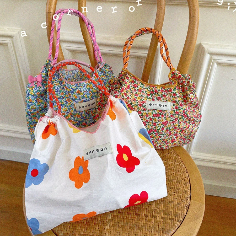 Japanese-Style Large-Capacity Floral Beach Shopping Bag, Niche Canvas Bag, Single-Shoulder Tote Bag, Student Eco-Friendly Cloth Bag