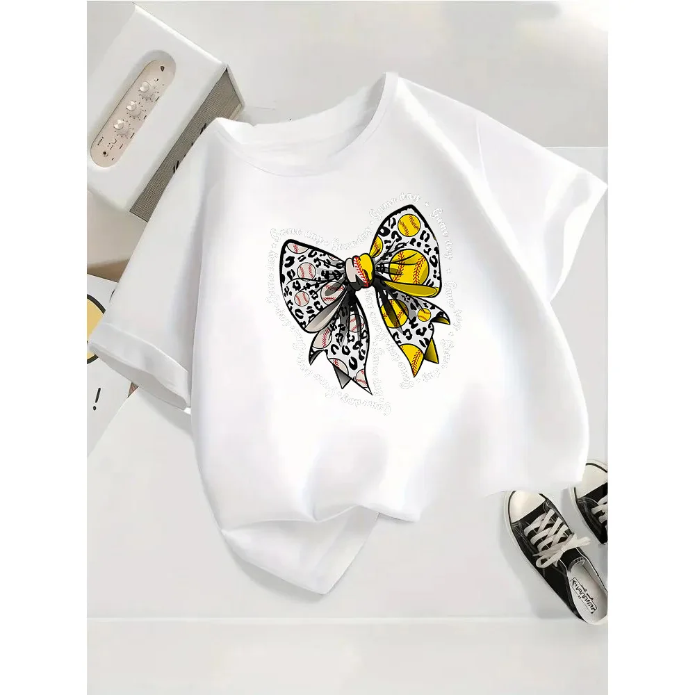 

Summer Children's T-shirt Loose Comfortable Soft Skin Friendly Outdoor Sports Fashion and Versatile Baseball Bow Printed Top