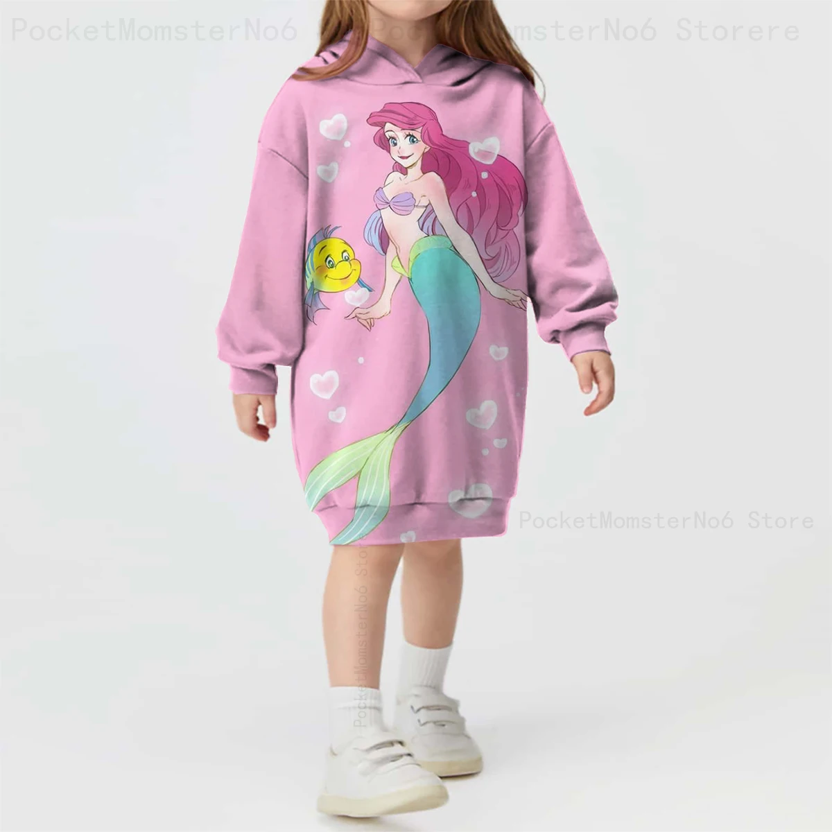 Disney Mermaid Ariel Princess Print Long Sleeve Hooded Pullover Girls Cosplay Cartoon Character Sweater