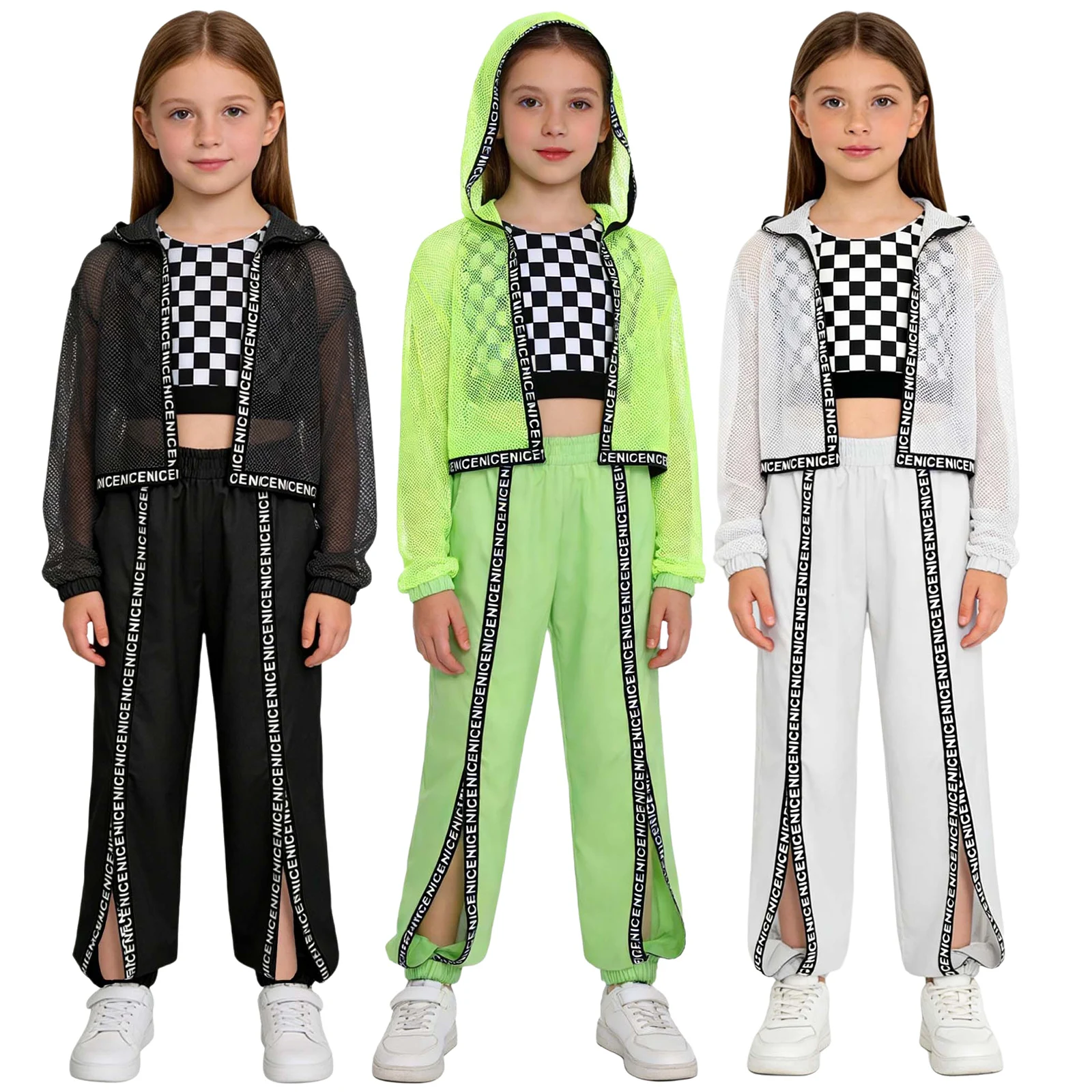 

Kids Girls Hip Hop Street Jazz Dance outfits Long Sleeve Hollow Out Fishnet Hooded Outerwear with Checkered Tank Tops Sweatpants