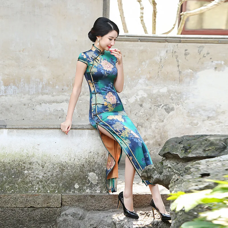 

Improved High Quality Real Silk Dress Cheongsam Qipao for Women Suzhou Green Silk Peony Slimming Slim-Fit Catwalk Daily