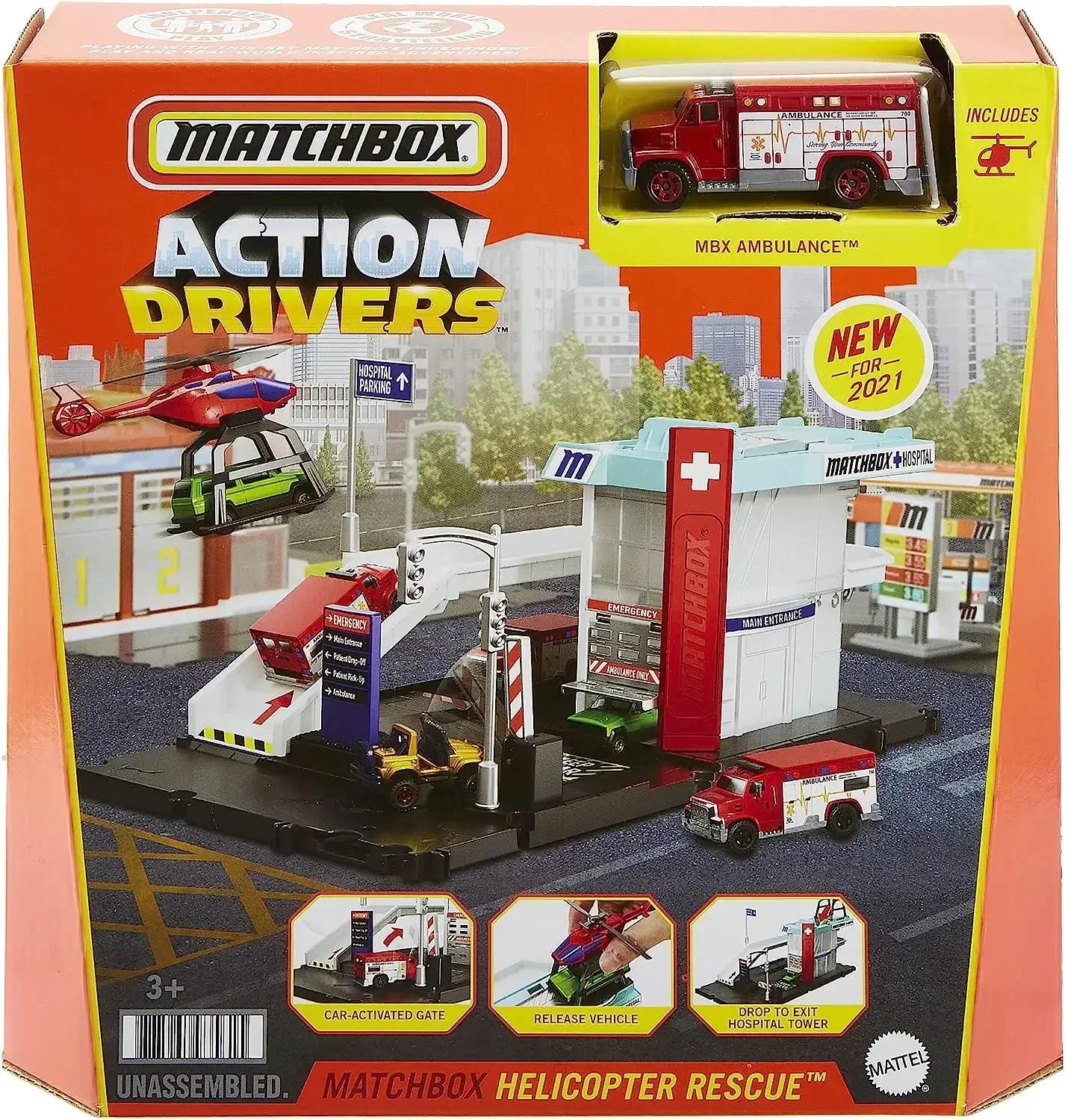 Original Mattel Matchbox 1:64 Car Playset Action Drivers elicottero salvataggio con scala ambulanza giocattoli per ragazzi collezione regalo