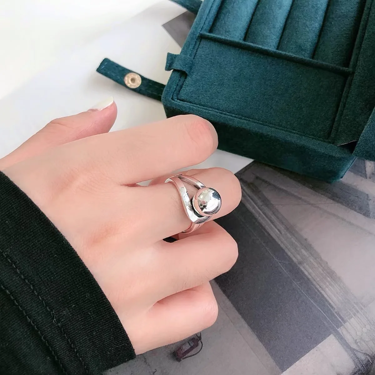 Women's 925 Sterling Silver Adjustable Vintage Big Ball Ring