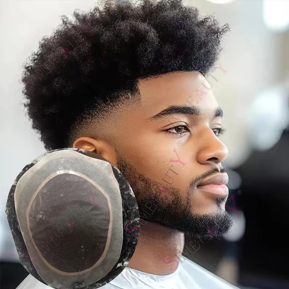 Afro Toupee Men's Capillary Prothesis Fine Mono PU Men Toupee 6mm Kinky Curly Human Hair  Natural Hairline System Unit Hairpiece