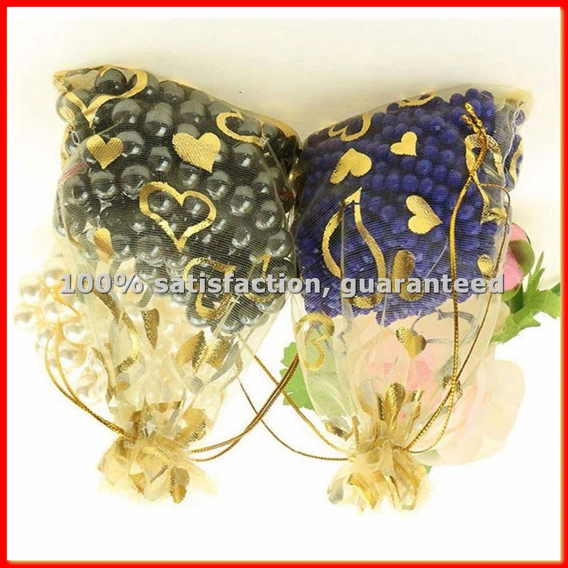 100Pcs 9x12cm Sheer Drawstring Heart Organza Jewelry Pouches Wedding Christmas Favor Gift Bags (Gold)-A68X