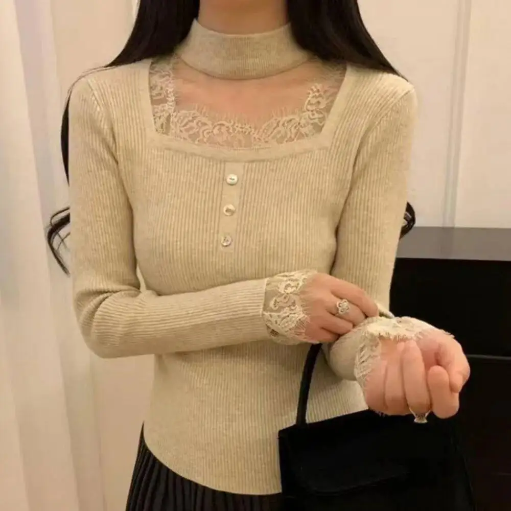 

Winter Western Sexy Square Collar Jumper Lace Halter Slim Commuter All-Match Pullover Fungus Patchwork French Style Tops