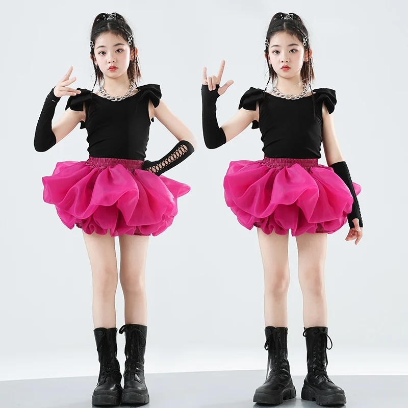 

2025 New Girls Jazz Dance Costume Black Tops Fluffy Skirt Summer Kpop Stage Performance Clothing Hiphop Outfits Kids Wear L15437
