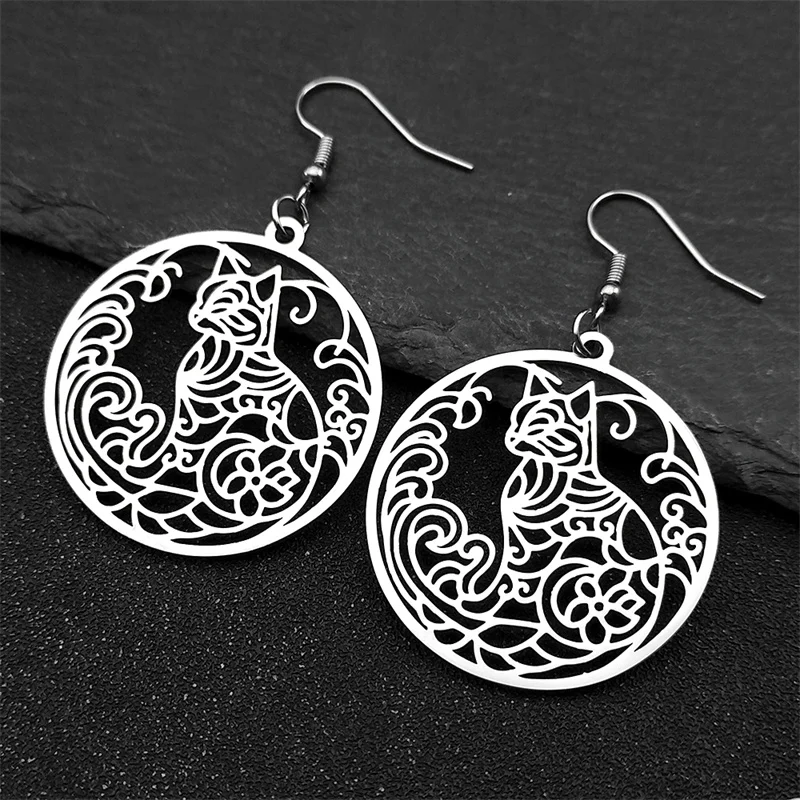 Hollow Cat Flower Of Life Pendant Earrings For Women Men Stainless Steel Gold Color Love Kitty Kawaii Dangle Earrings Jewelry