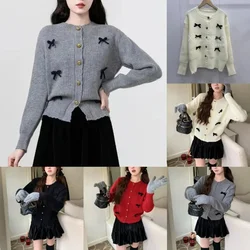 Bow Ear Knitted Cardigan Women 2024 French Korea Autumn Winter Love Splicing Lace Sweet Single Breasted Sweater Luxury Coat New