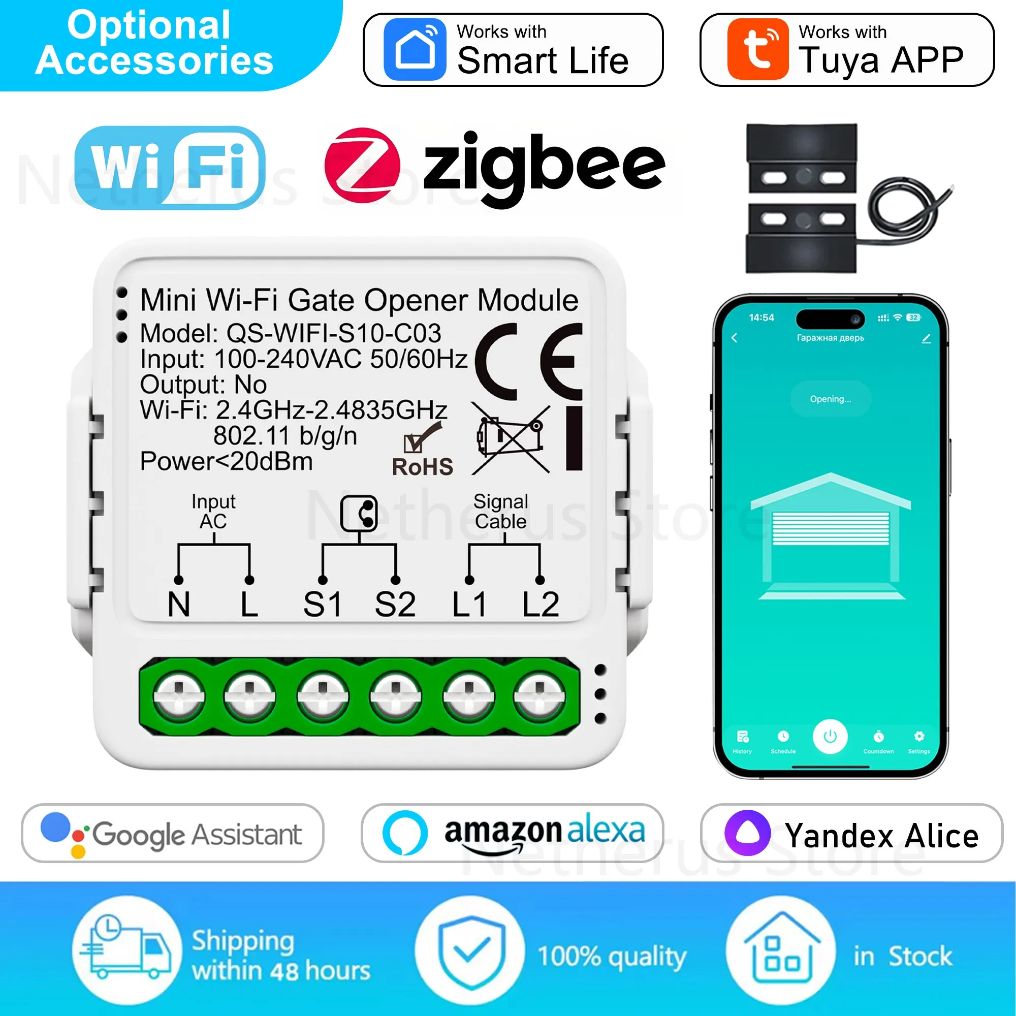 

Tuya WiFi/Zigbee Smart Gate Door Opener Gate Door Controller Module Compatible with Alexa Echo Google Home Siri