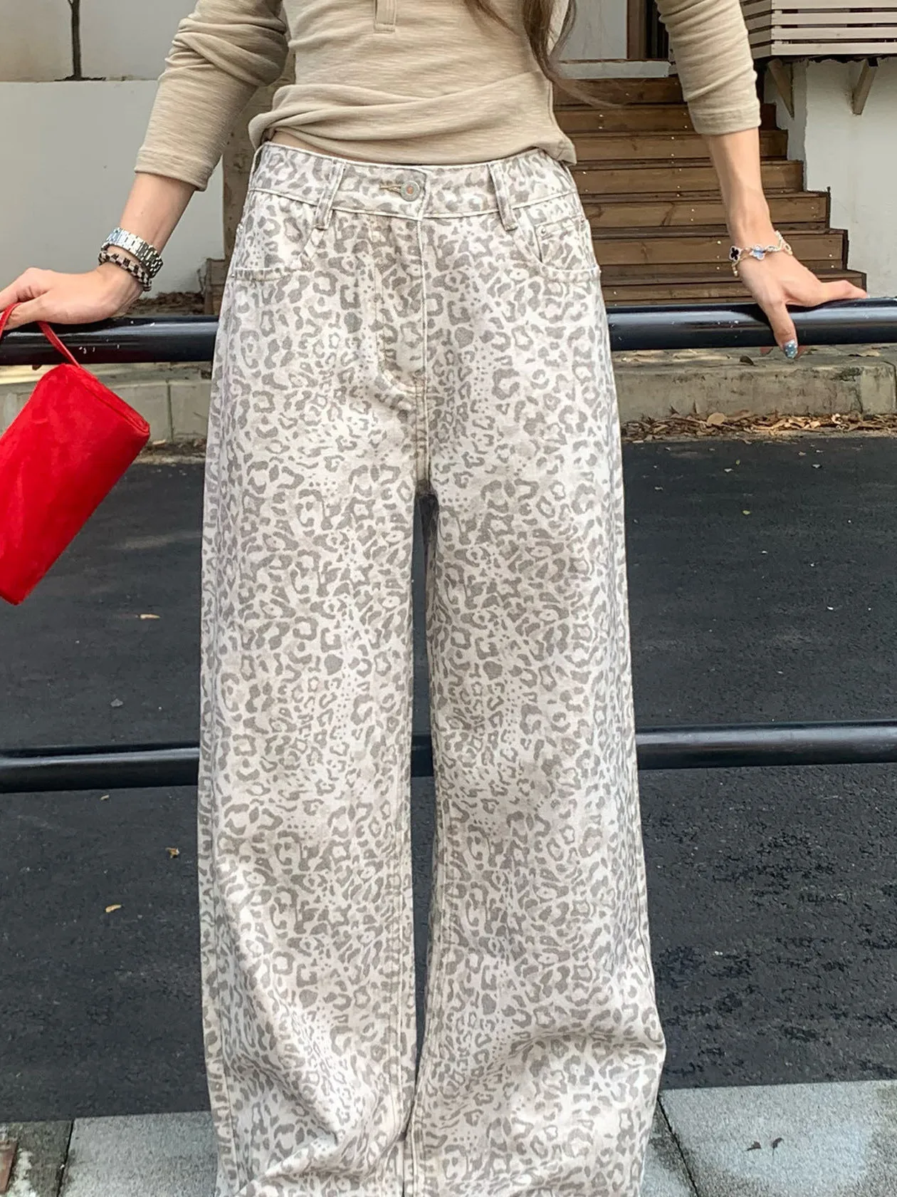 

High Waist American Retro Leopard Print Jeans Women's Autumn Design High Street Drape Casual Wide Leg Straight Cut Women's Pants