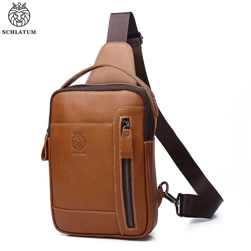 SCHLATUM Men Leather Crossbody Bag Casual Brand Designer Fashion Chest Bag Large Capacity Business Shoulder Bag