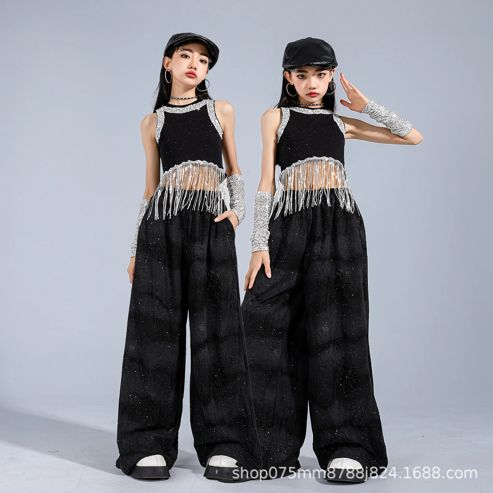 Kids Girls Black Sequin Crop Top Pants Set Kpop Cheerleading Jazz Hip Hop Dance Costume Children Concert Stage Performance Suit