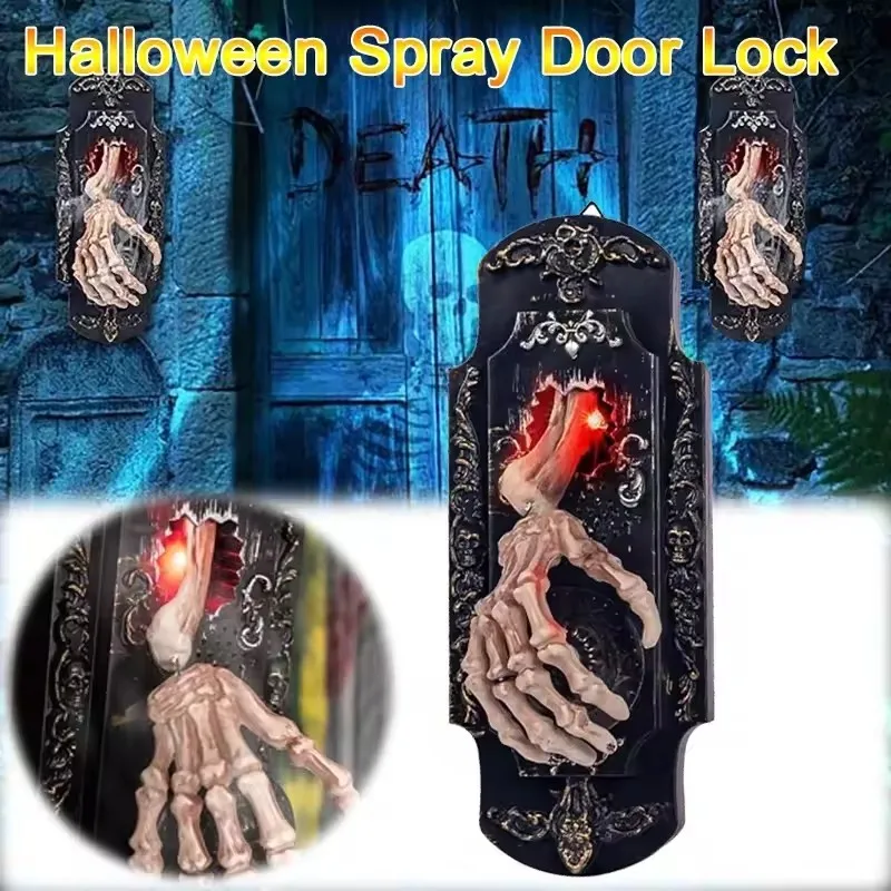 

2025 New Design Halloween Glowing Spray Doorbell Scary Skeleton Hands Halloween Animatronic Props with Sound Decoration