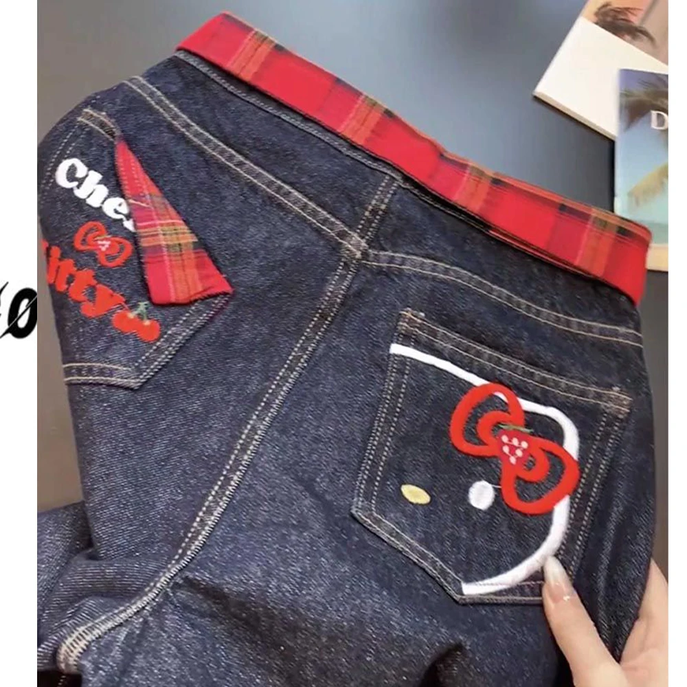 2025 جديد السراويل الطويلة الحلو الأمريكية الساخنة الفتيات مرحبا كيتي القط المطرزة الجينز لطيف المرأة السوداء مستقيم عالية الخصر واسعة الساقين