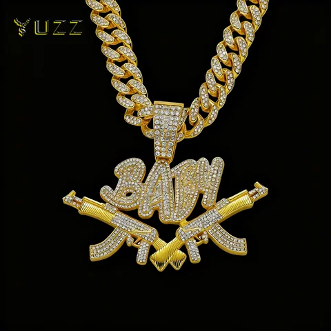 New Men Hip Hop Iced Out Bling AK47 Gun Pendant Necklace with 13mm Miami Cuban Chain HipHop Letter BABY Necklace Fashion Jewelry