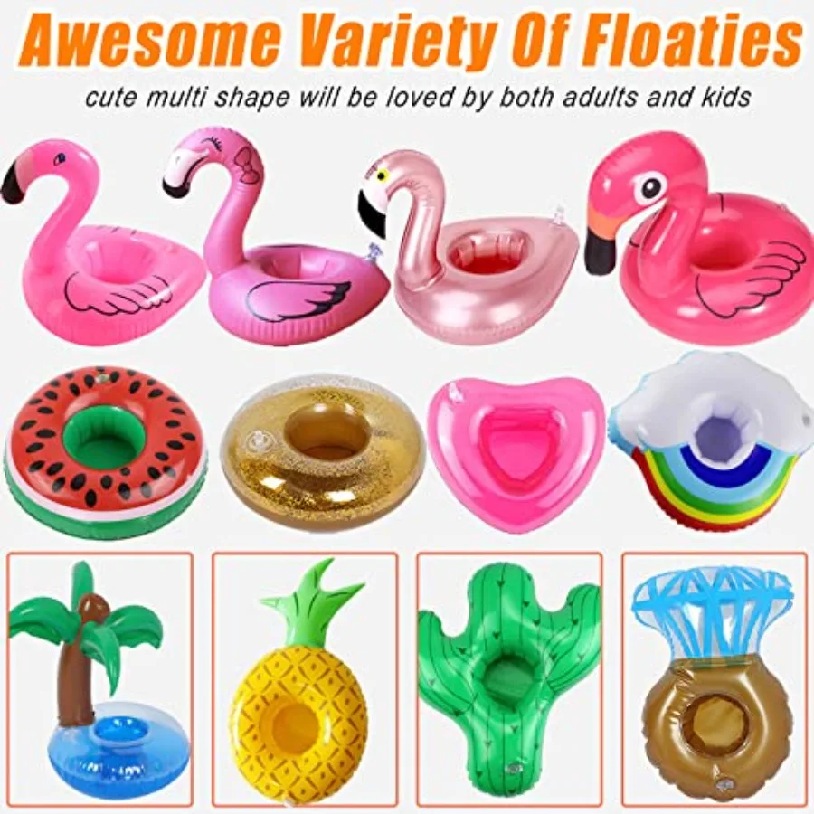 Pool party inflatable drink holders 120 pcs bulk set PVC material blue and yellow includes pump for quick inflation and secure