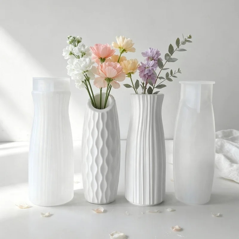 DIY Flat/Bevel Opening Vase Plaster Silicone Mold Handmade Stripe Flower Vase Cement Gypsum Resin Molds Home Decoration Crafts view 3