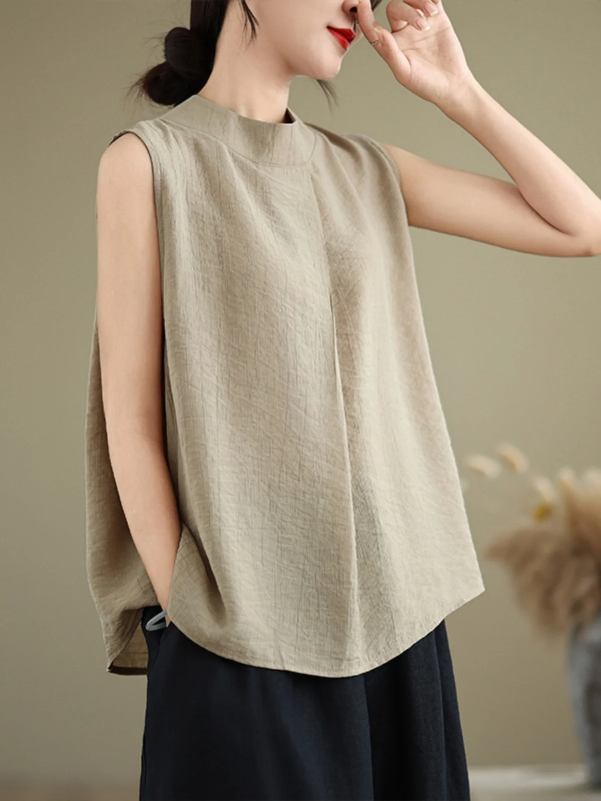 

Bla Cotton Linen Tank Top Women Summer Textured Casual Svel Pleated T-irt Versatile Sli Small irt